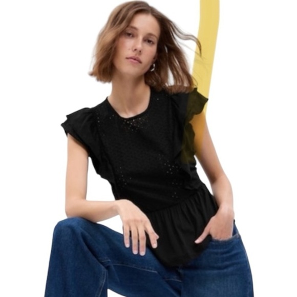 NWT GAP Organic Cotton Vintage Lace Flutter Sleeve Peplum Top BLACK XS - Picture 1 of 6